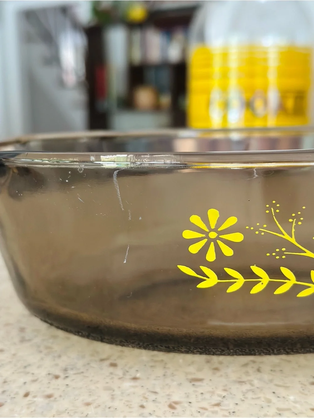 Vintage yellow daisy and smoked amber casserole dish